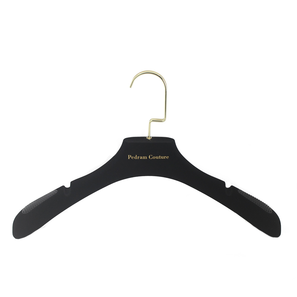 Front view of black velvet wide-shoulder hanger with gold hook