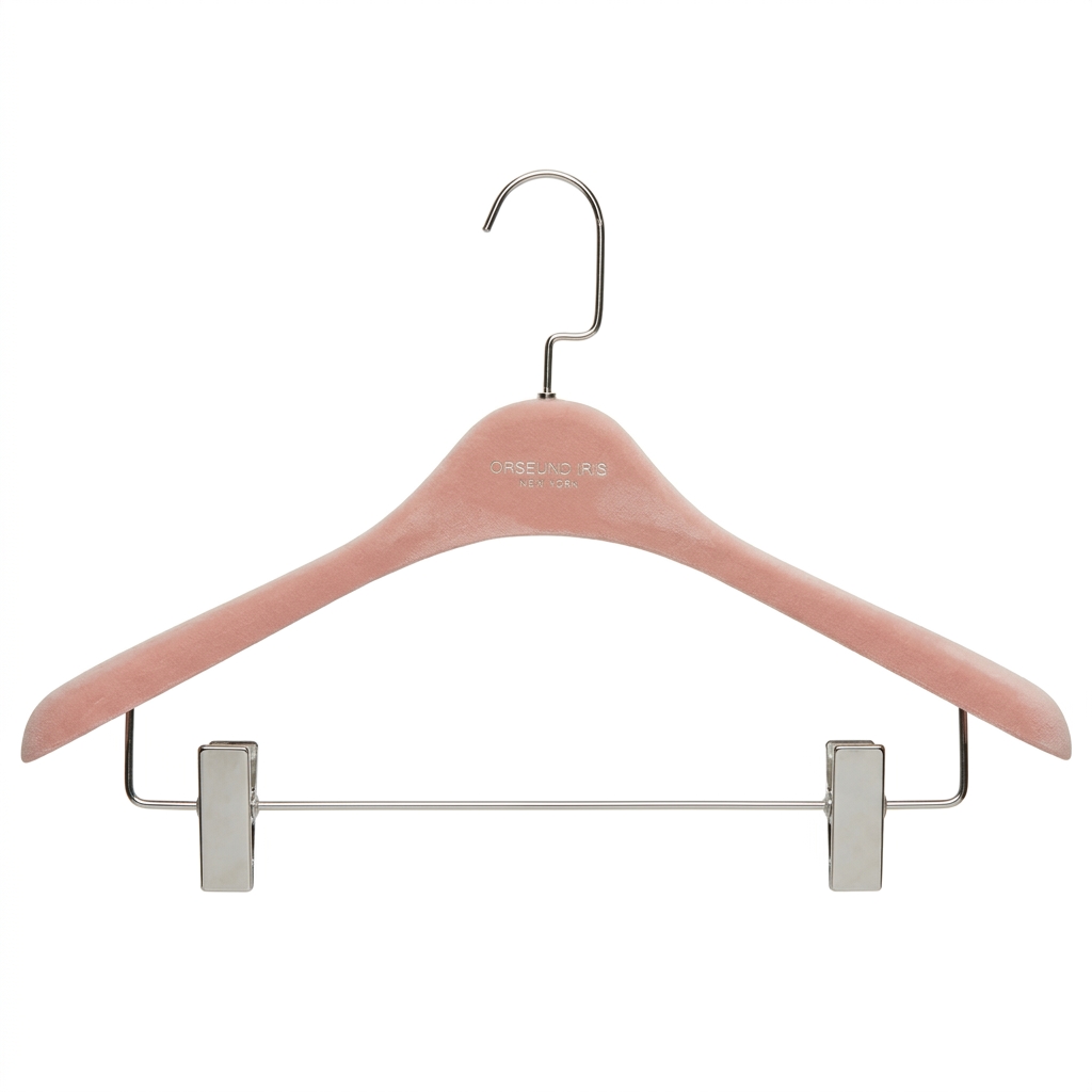 Blush pink velvet hanger with silver hook and clips