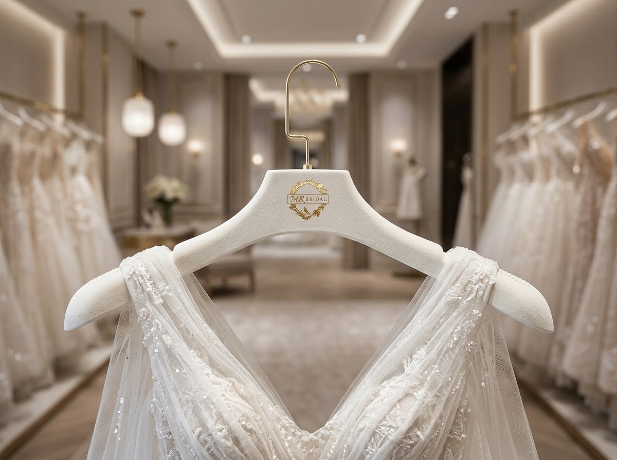 Cream velvet wide-shoulder hanger presenting a bridal gown in a boutique