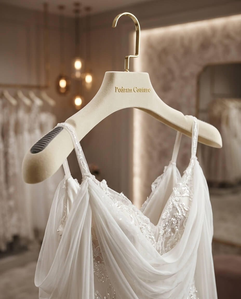 Ivory velvet bridal hanger with gold hook holding an embellished wedding gown in a boutique