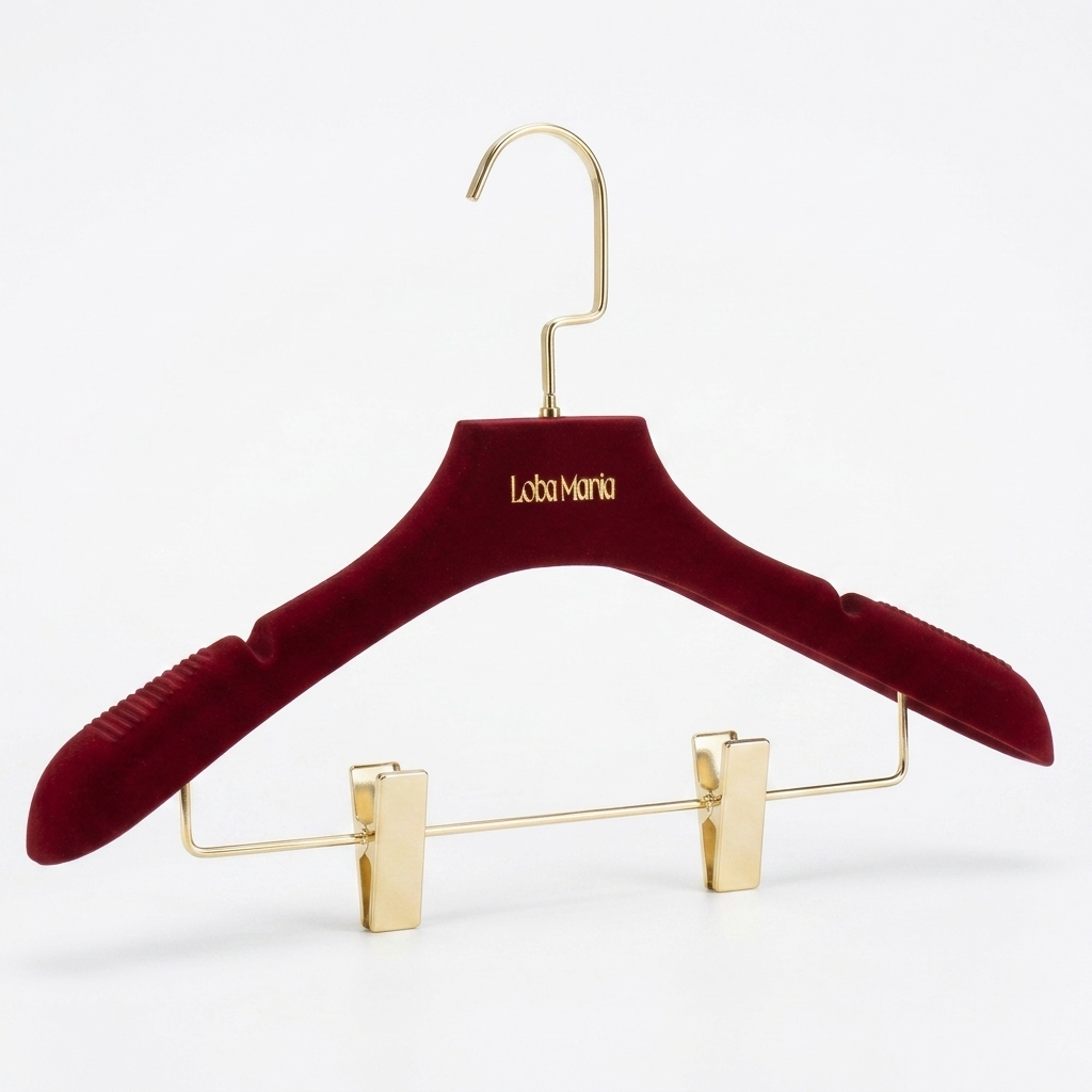 Burgundy velvet hanger with gold hook and clips for coordinated bridal separates
