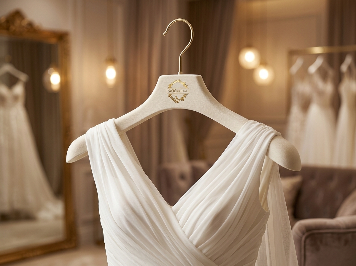 Ivory velvet hanger and wedding dress detail in a warm bridal fitting room