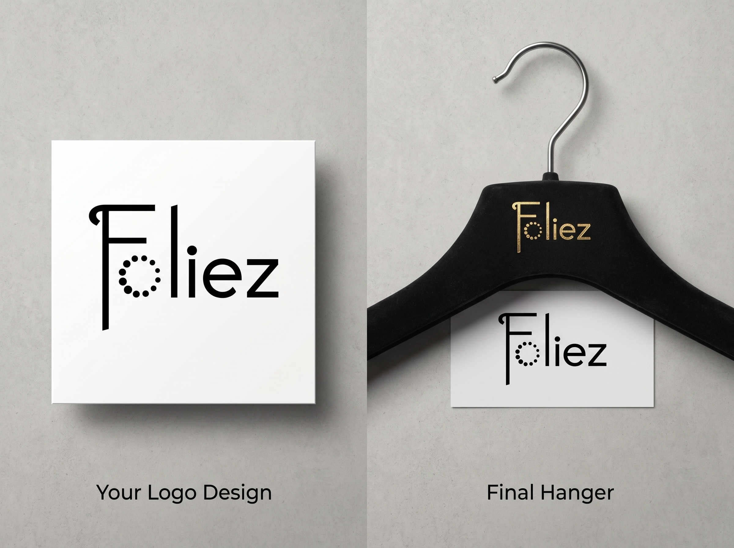 Example of logo artwork beside a finished velvet hanger with applied logo