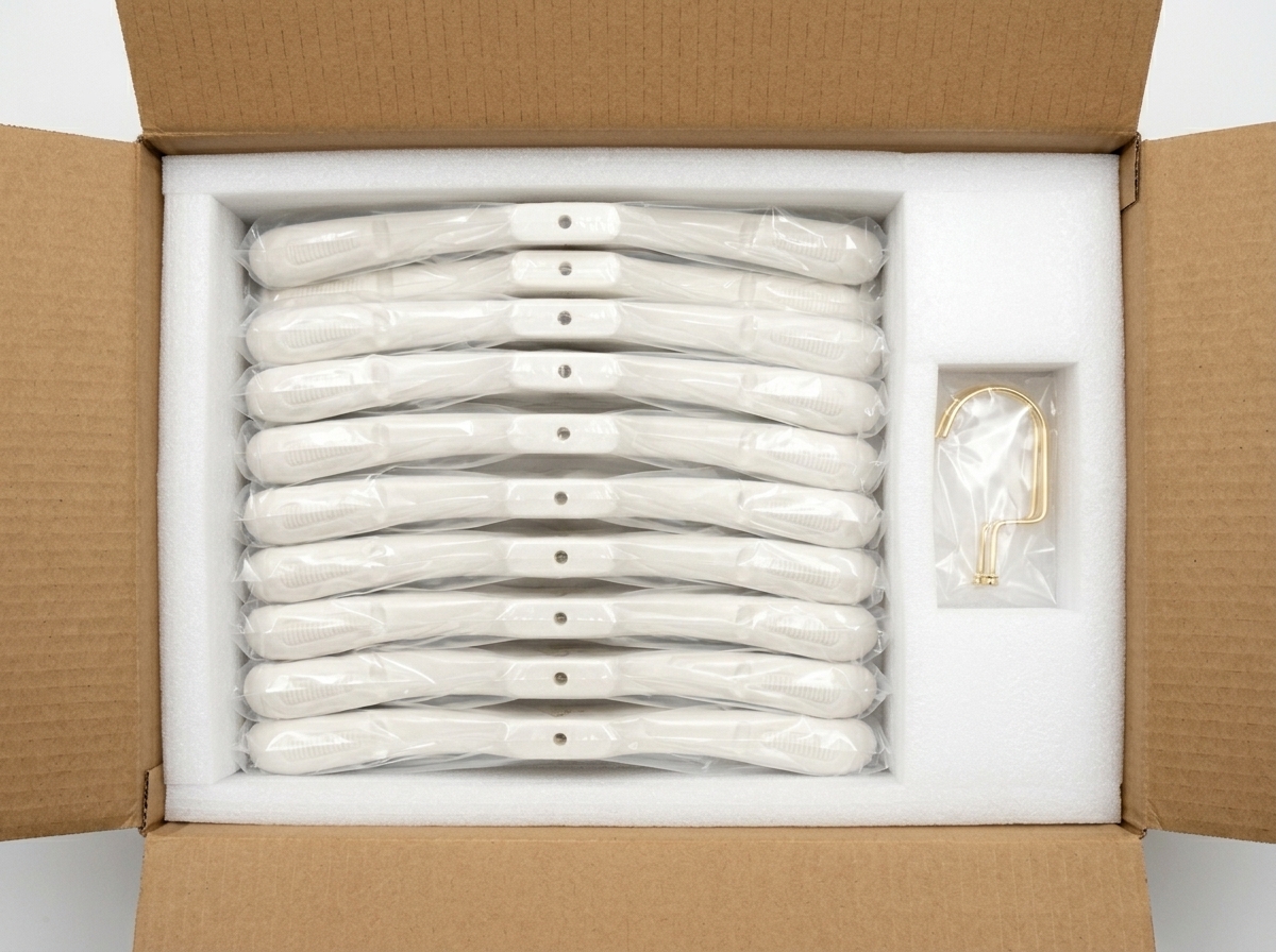 Example protective packaging with ivory hangers and separate gold hooks